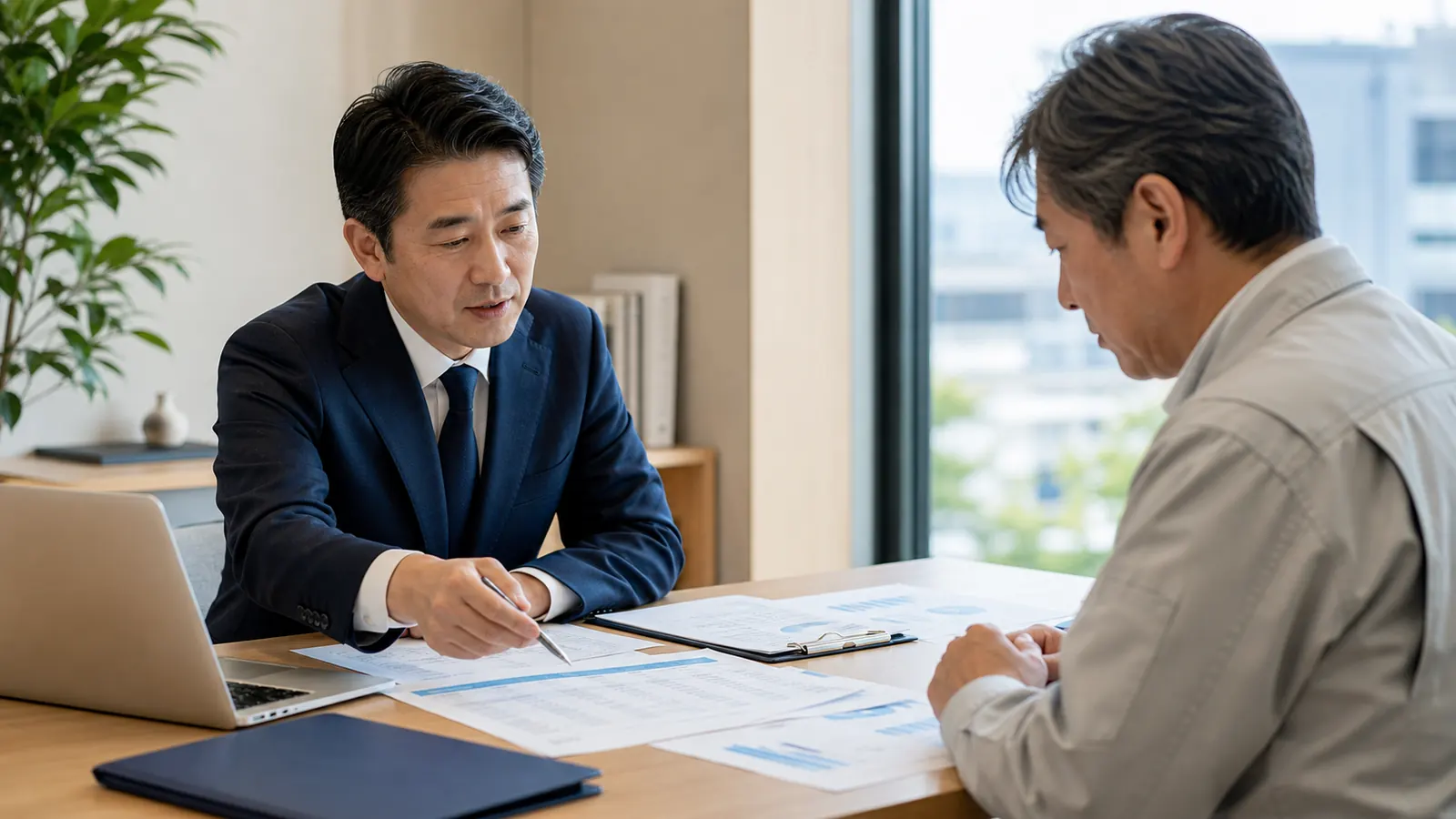 試算表と銀行提出資料を確認する経営者とコンサルタント