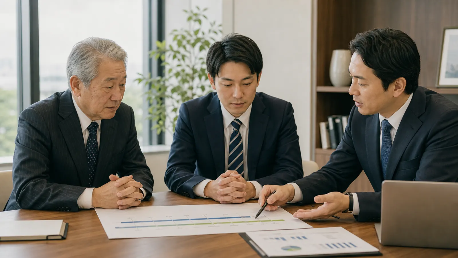 事業承継の計画を確認する経営者、後継者、コンサルタント