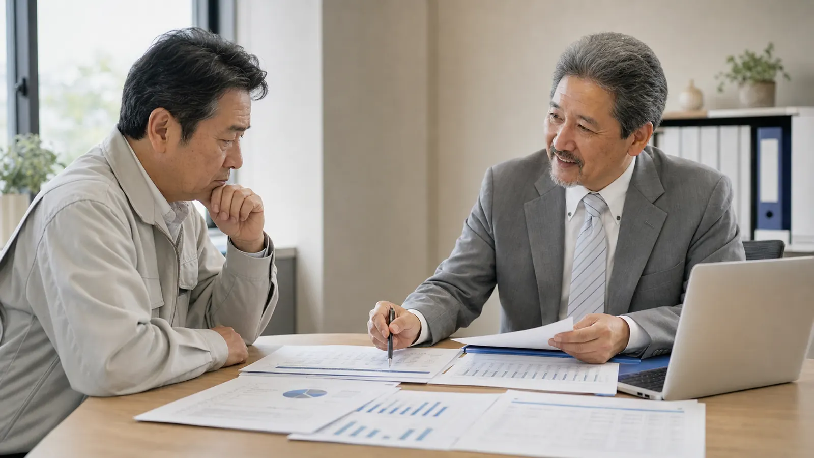 銀行融資を断られた後の資料を確認する経営者とコンサルタント