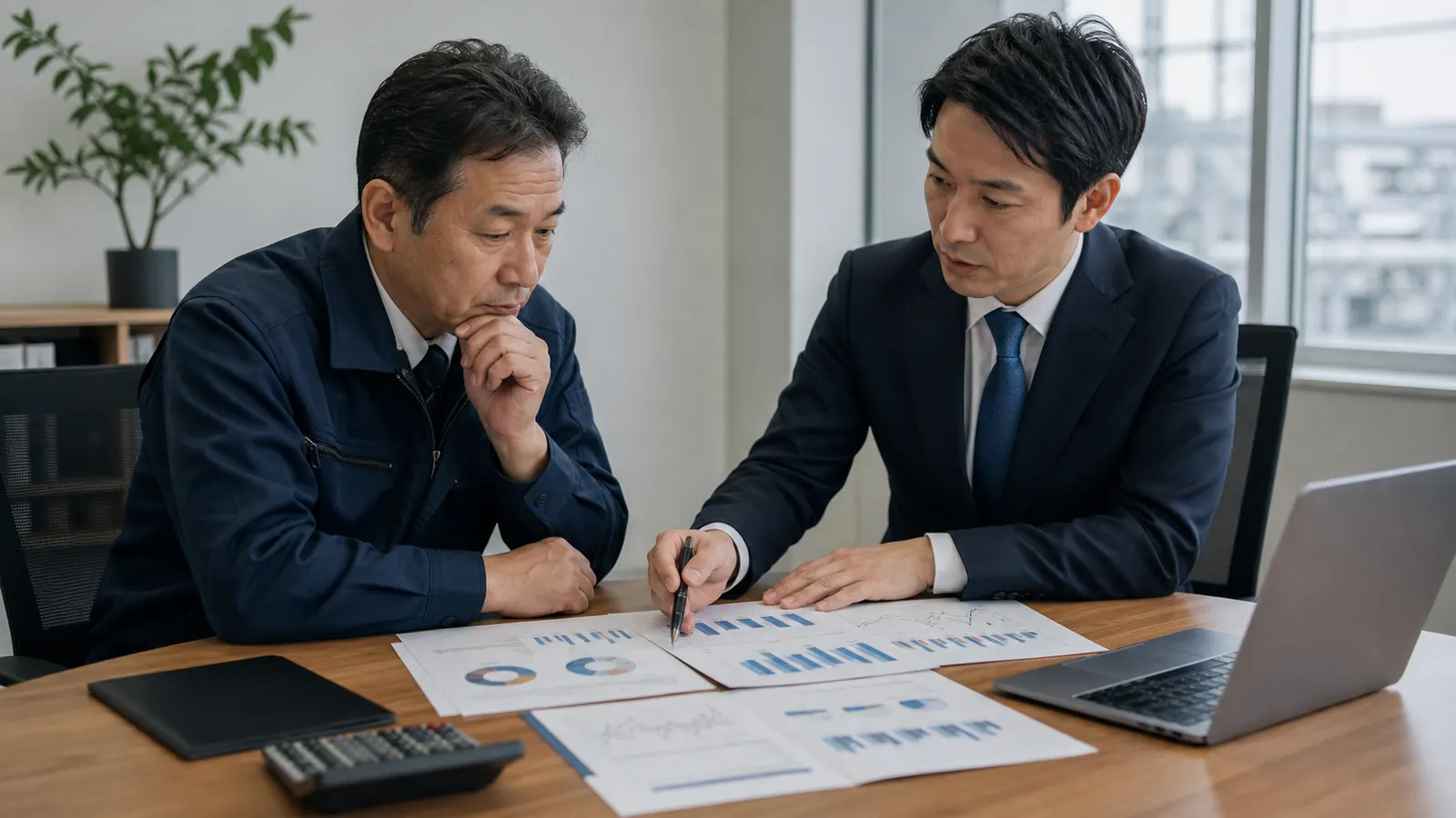 売上と利益構造の資料を確認する経営者とコンサルタント