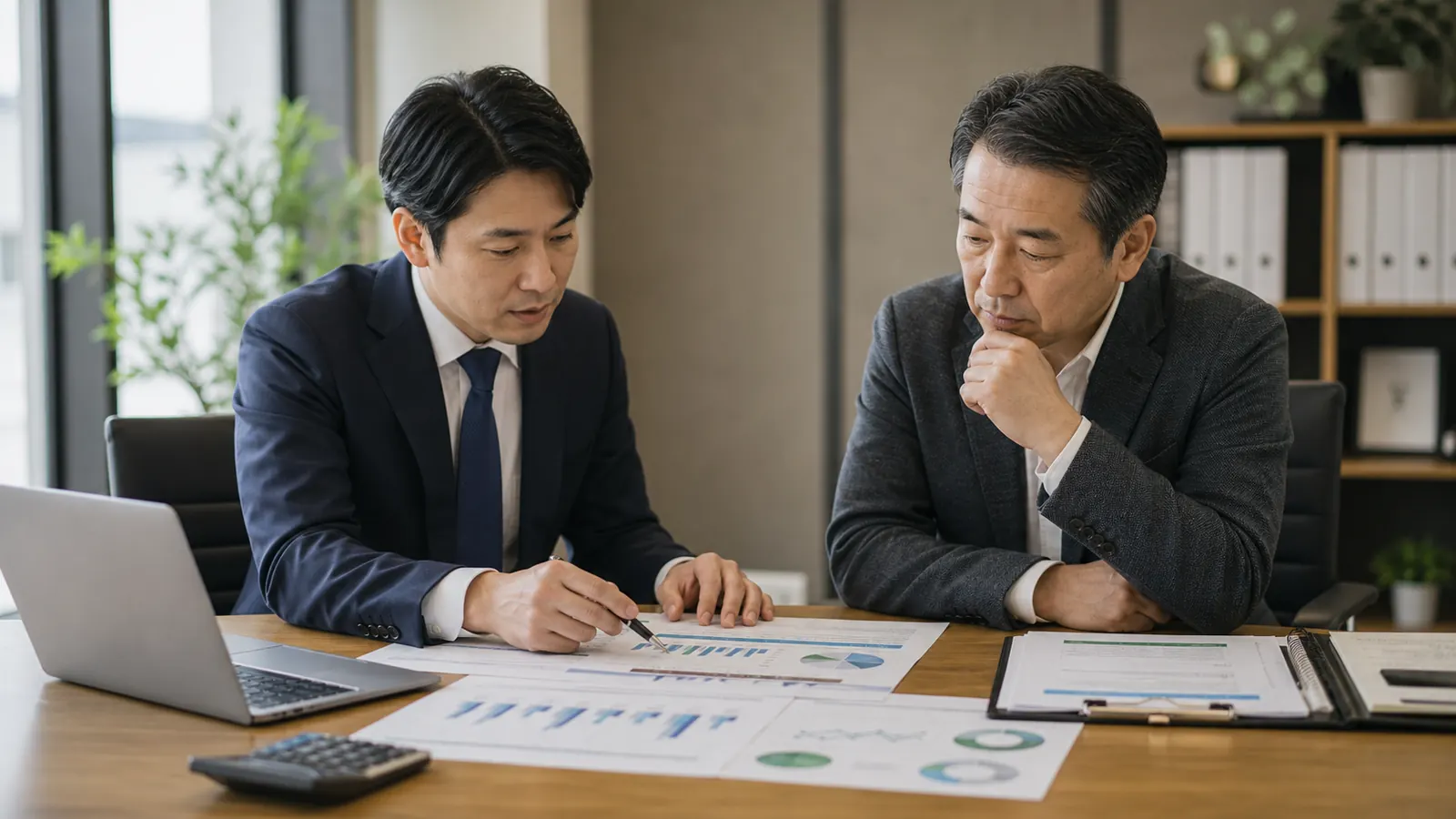 資金繰り表と経営改善計画を確認する経営者とコンサルタント
